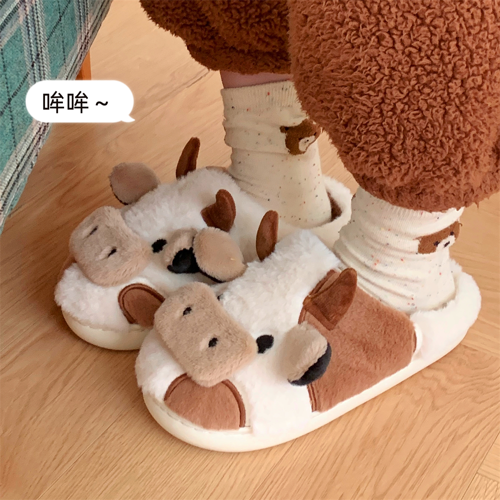 细细条软萌大鼻牛保暖棉拖鞋