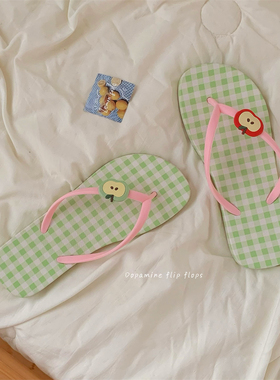 夏季防滑舒适休闲凉拖鞋蓝色格子沙滩鞋趣味小苹果新款人字拖女士