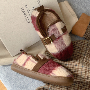保暖加绒时尚 户外防滑女士新款 冬季 创意拼色格子勃肯鞋 包跟平底鞋