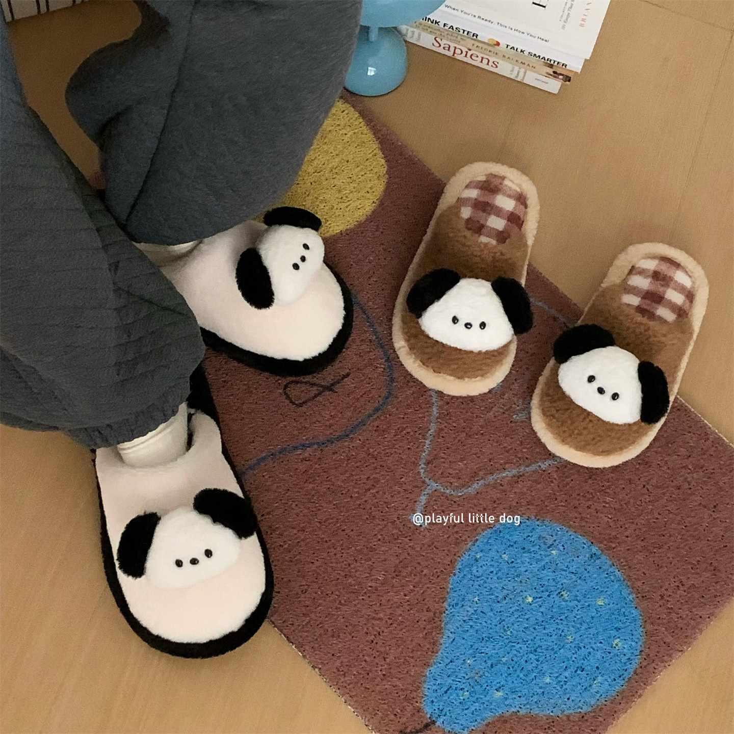 细细条家居可爱小狗包头毛毛鞋