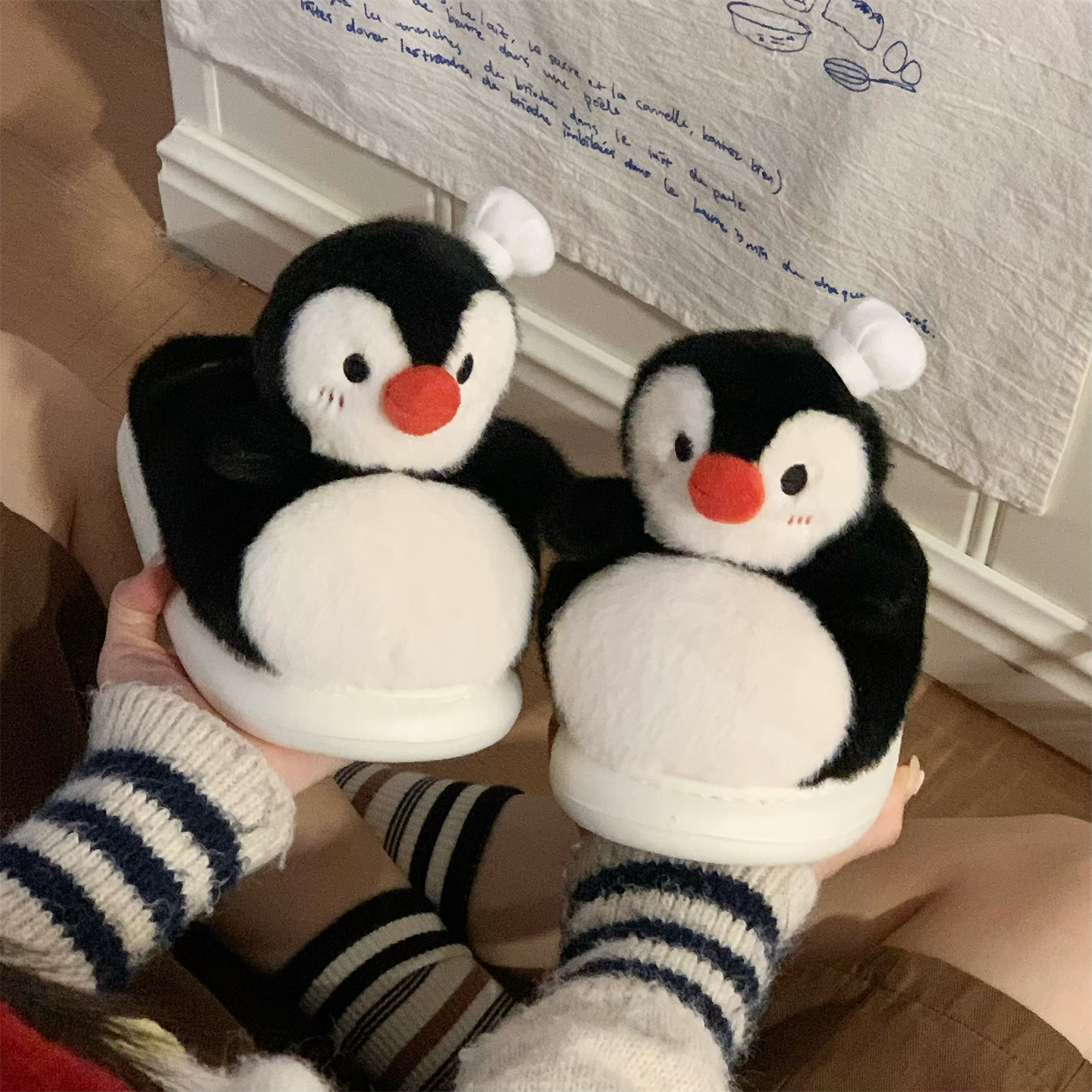 细细条少女心帽子企鹅棉拖鞋女