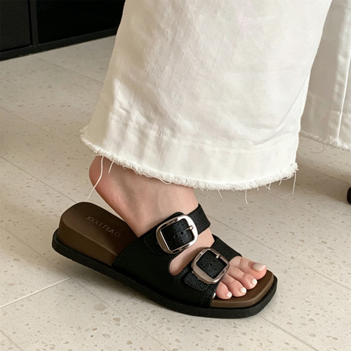 细细条金属方扣双带凉拖夏
