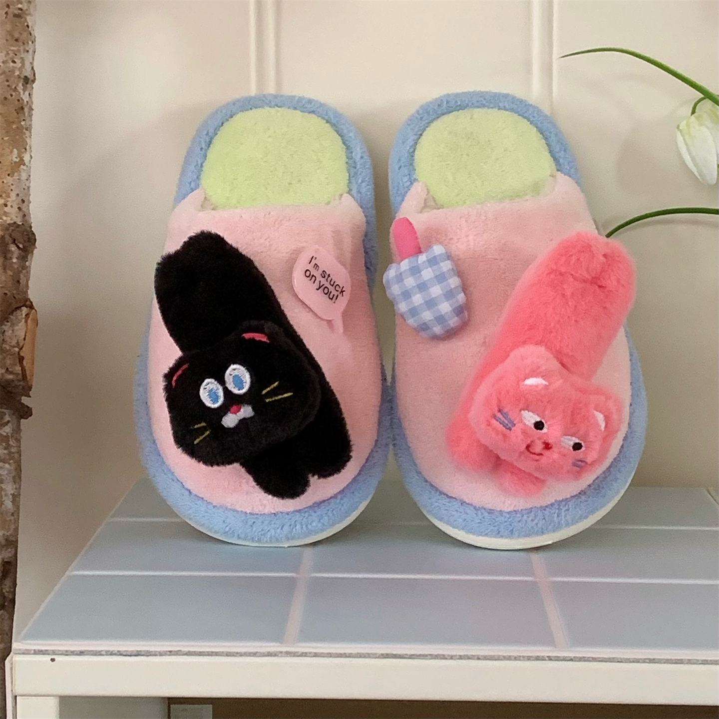 细细条个性可爱小猫棉拖鞋男女