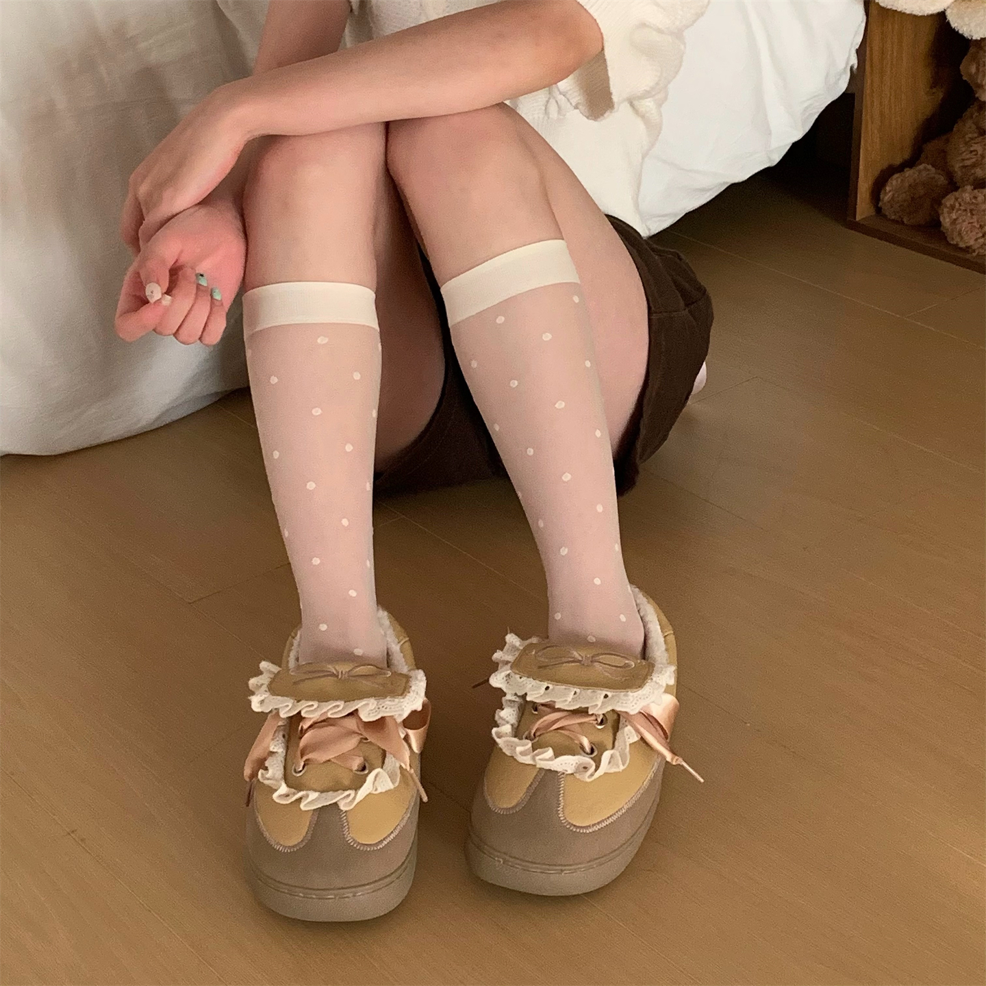 细细条甜美花边蝴蝶结德训鞋