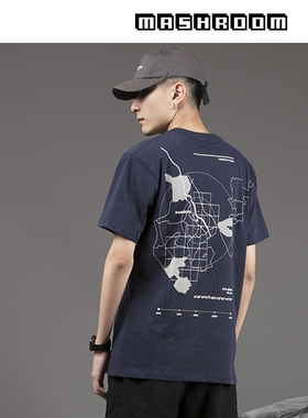 新衣城MASHROOM地图坐标印花短袖男户外风百搭休闲圆领teeT恤潮夏