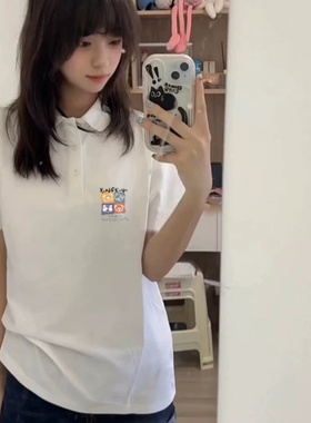 高级印花plol衫多巴胺短袖美式T恤正肩小个子修身翻领上衣夏季女