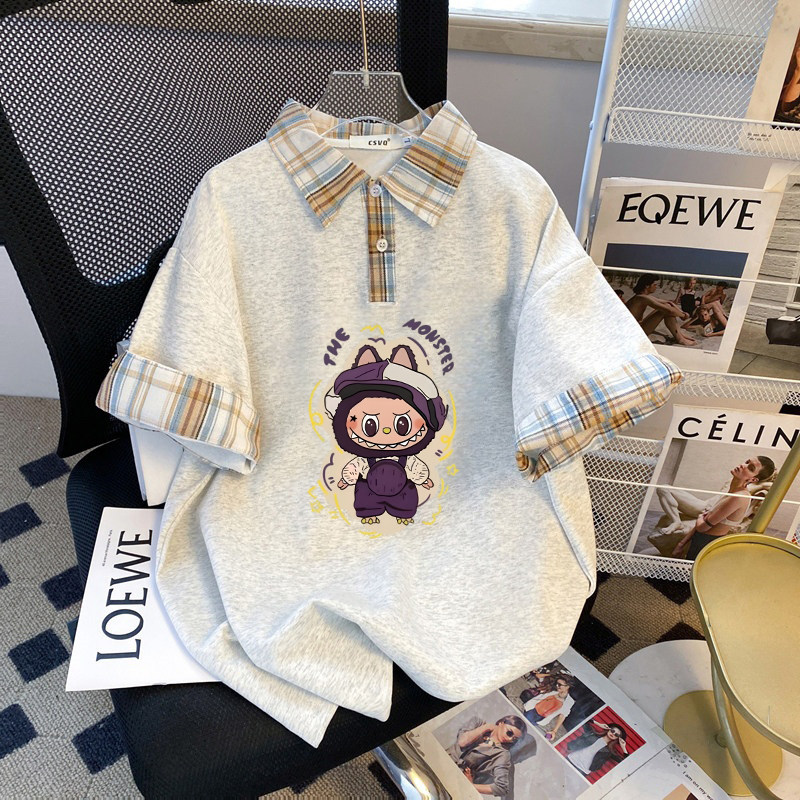 Polo领短袖T恤女童2026夏季新款假两件格子拼接设计减龄显瘦上衣