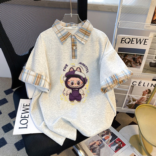 Polo领短袖T恤女2026夏季新款假两件格子拼接设计感减龄显瘦上衣