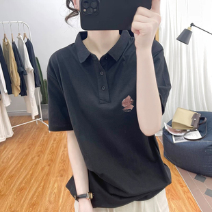 黑色polo衫短袖t恤女夏季新款学院风美式复古印花ins翻领半袖女潮