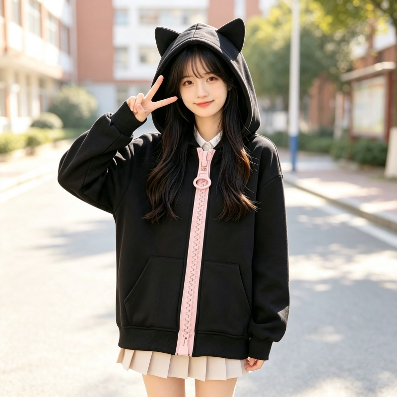 韩版猫耳连帽卫衣千禧大拉链气质春秋季女生宽松休闲百搭开衫外套