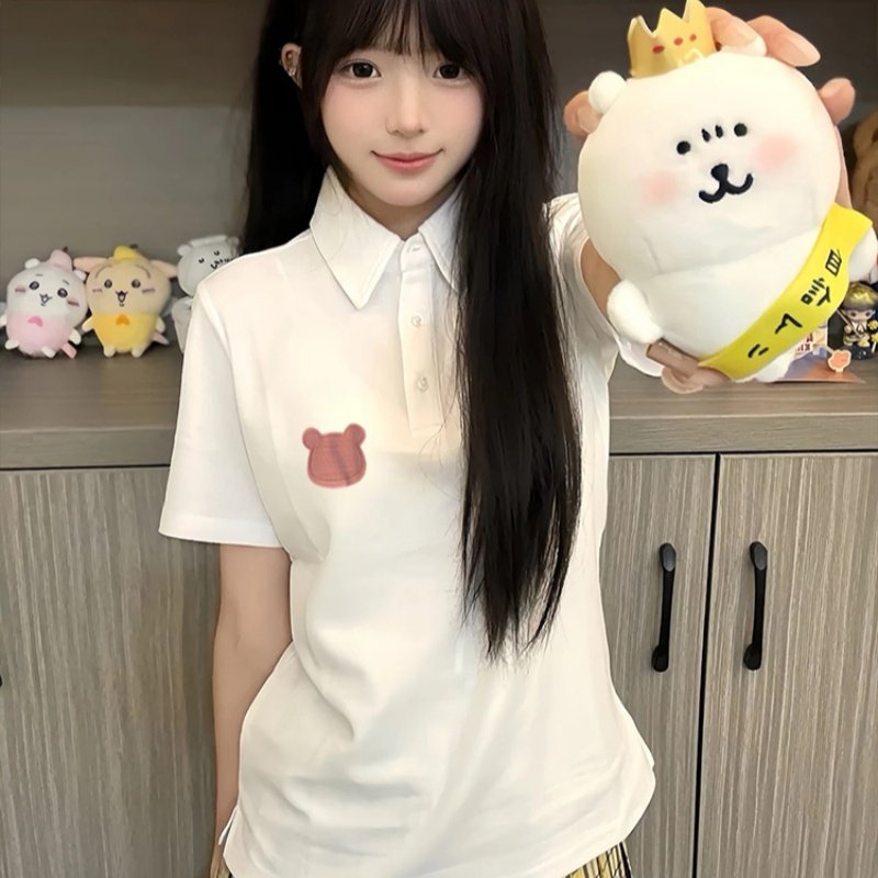 白色短袖polo衫女夏季轻职场通勤穿搭衬衫领t恤正肩美式复古半袖