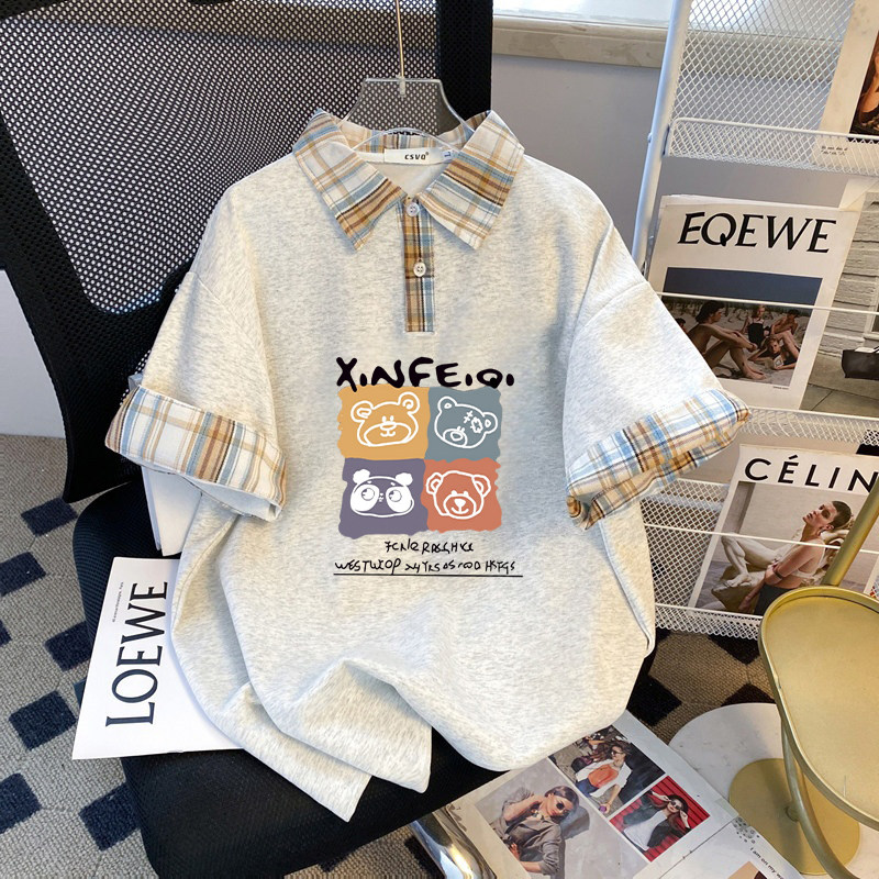 中大童2026夏季polo新款翻领格子宽松短袖T恤学院上衣女童外穿ins