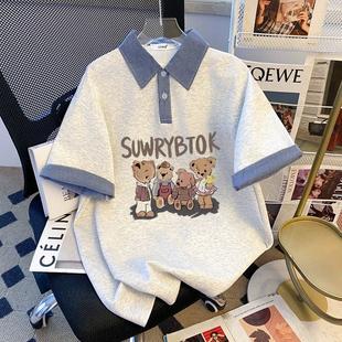 日系趣味儿童印花假两件polo领短袖t恤女童韩版宽松学院慵懒上衣