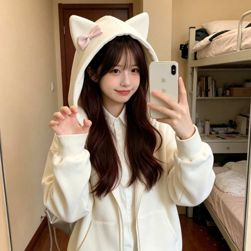 氛围感蝴蝶结猫耳卫衣女款连帽拉链开衫学生宽松显瘦休闲外套百搭