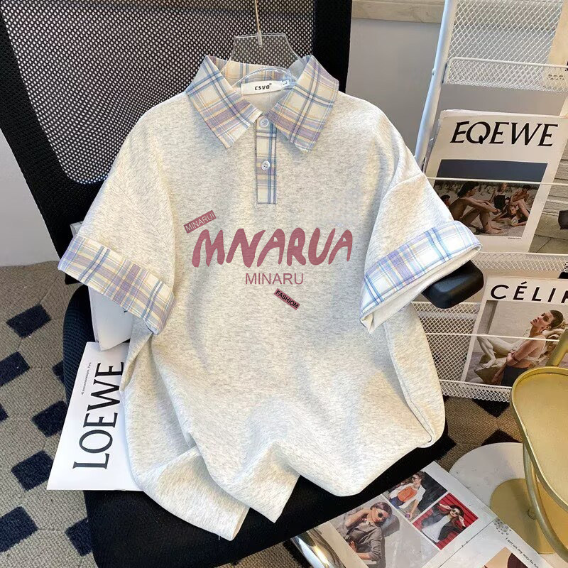 胖MM童装儿童撞色拼接短袖T恤女夏季设计感小众polo翻领体恤上衣