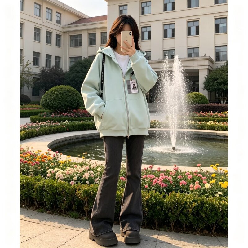 可爱 2026 波点连帽外套女春秋季甜美设计感日系洋气宽松开衫卫衣