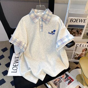 T恤上衣设计学院风女童夏季童装韩版印花polo体恤短袖拼接格子ins