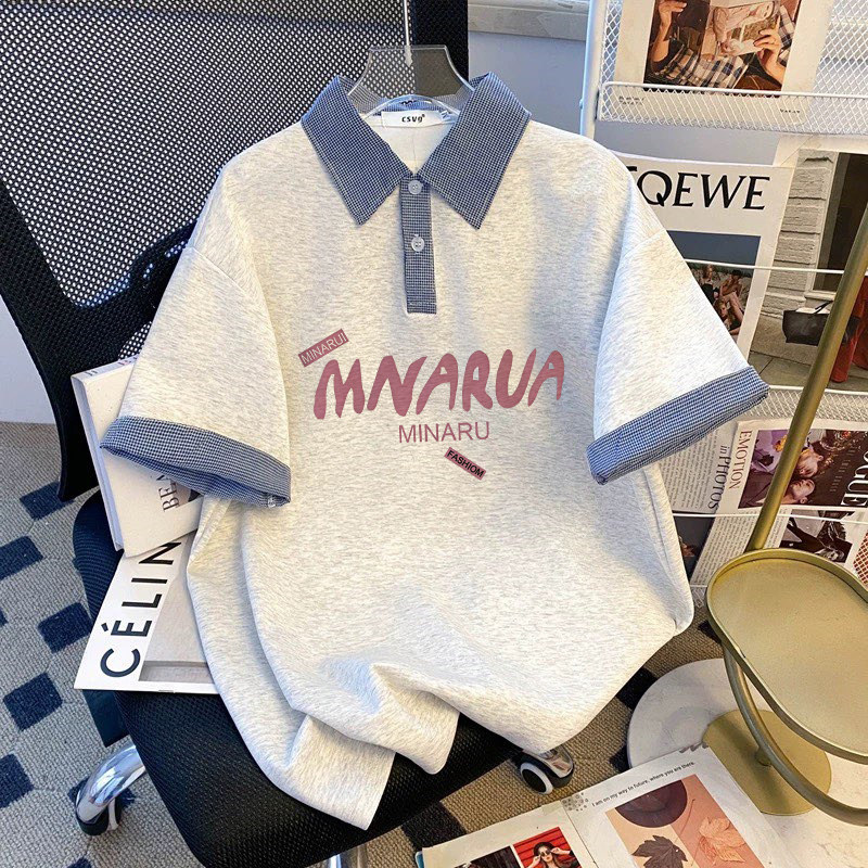 美式复古假两件夏季POLO衫T恤女孩韩系格子拼接休闲校园童装短袖