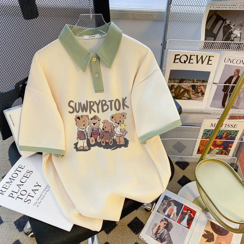 学院风大码上衣女夏季新款学生百搭翻领正肩短袖大码T恤Polo衫潮