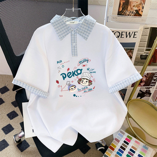 半袖学院polo新款学生格子短袖上衣拼接夏季显瘦宽松chic复古时尚