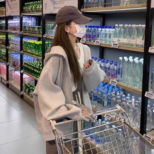 加绒外套女士加厚休闲2026穿搭宽松初秋薄款连帽灰色卫衣拉链开衫