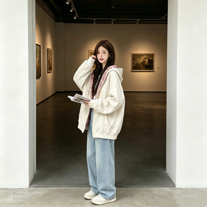 韩系潮流格纹连帽卫衣女生2026小众拼接宽松开衫外套慵懒百搭chic