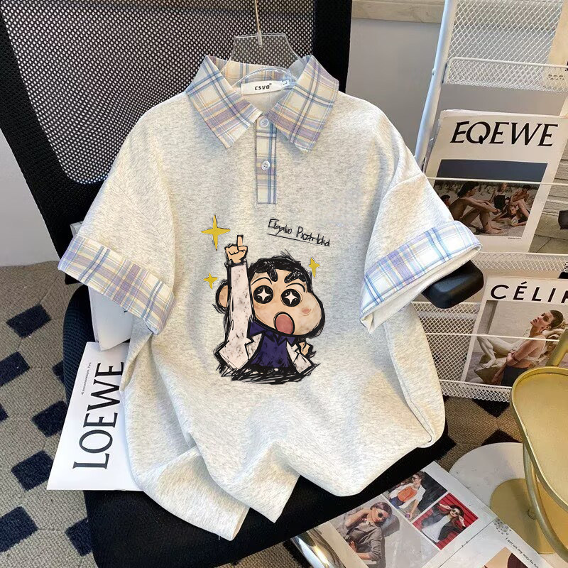 美式原创可爱卡通印花紫格子拼接假两件polo衫白色短袖女童装上衣