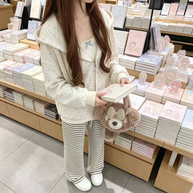 港风洋气卫衣开衫女蝴蝶结印花连帽款日系慵懒风简约休闲显瘦上衣