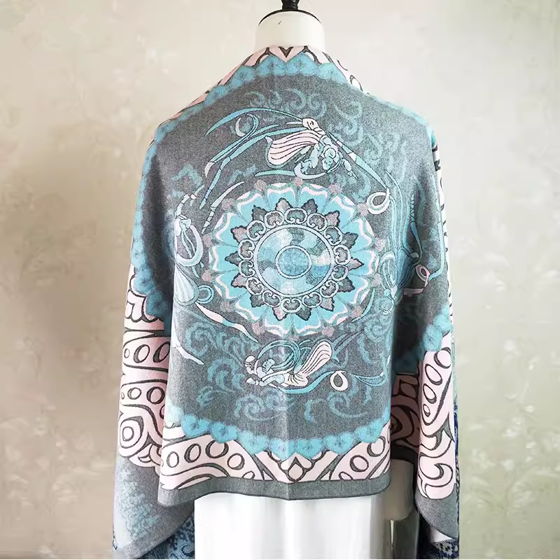 敦煌丝巾莫高窟壁画披肩围巾莲花藻井飞天羊绒双面保暖披风包邮