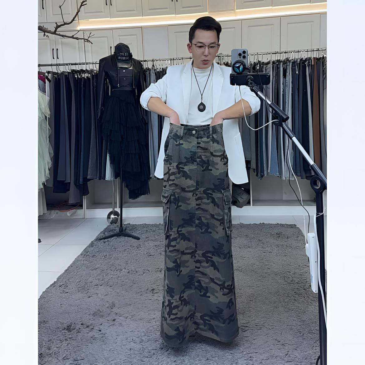 燕龙服饰2097牛仔半身裙迷彩直筒宽松中长款裙包臀开叉裙子腰带款