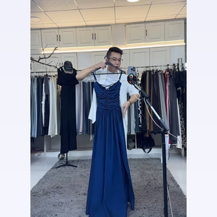 燕龙服饰1065蓝色吊带抹胸漏后背连衣裙性感前开叉法式修身后妈裙