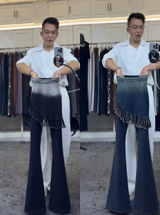 燕龙原创加长2091辣妹流苏不规则牛仔复古高腰A字包臀假两件裤 裙