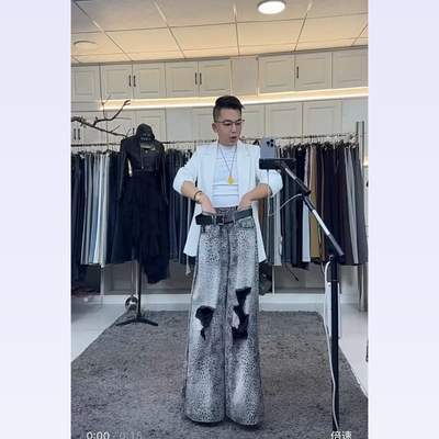 燕龙服饰原创定制A8255美式复古豹纹牛仔裤新款休闲阔腿破洞长裤