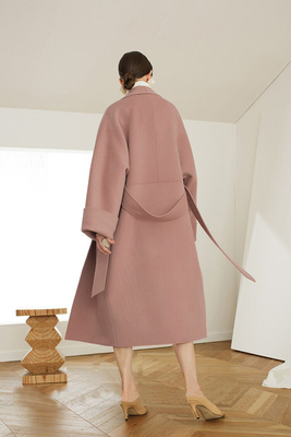 2024秋冬新款高端粉色青果领羊毛双面呢外套女羊绒大衣系带中长款