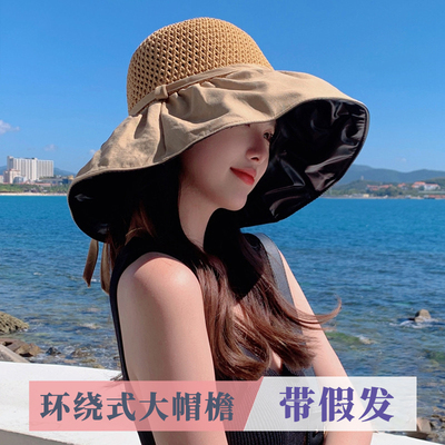 帽子假发一体女2025新款夏太阳帽遮阳防紫外线遮脸草帽黑胶渔夫帽