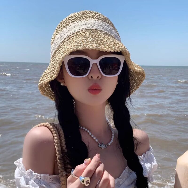 帽子假发一体仿真发网红渔夫草帽女蕾丝沙滩清新度假防晒遮阳帽夏