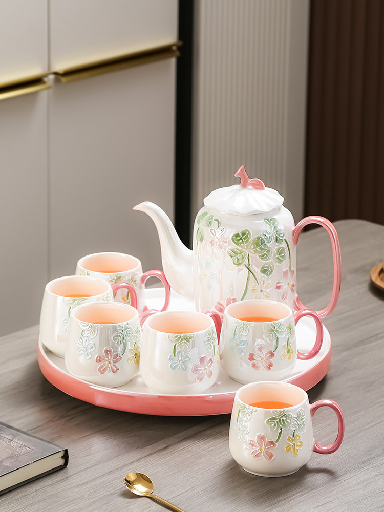 北欧轻奢水具高端陶瓷水具套装家用茶具客厅浮雕茶壶杯子水杯整套