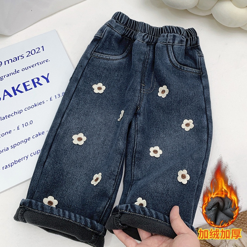 女童加绒牛仔裤秋冬季一体绒保暖直筒裤宽松阔腿洋气长裤子