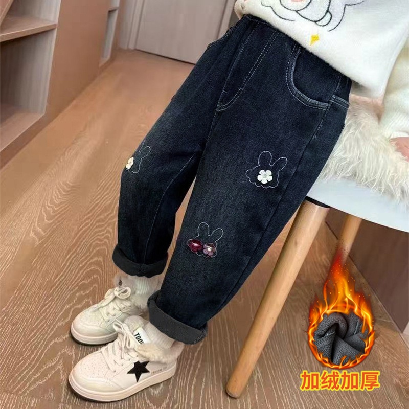 女童加绒牛仔裤秋冬款中小童加绒一体绒保暖老爹裤百搭女宝宝长裤