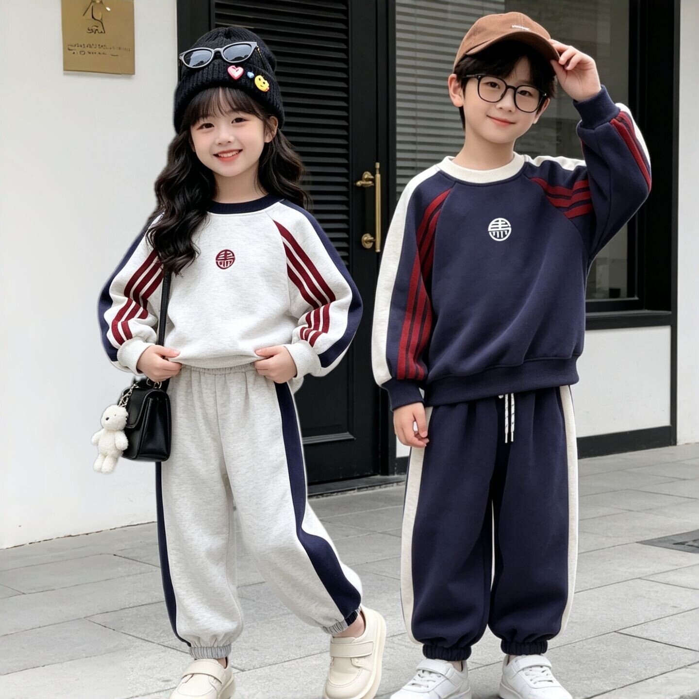刺绣儿童休闲卫衣套装男女童秋款拼色运动两件套小学生学院风穿搭