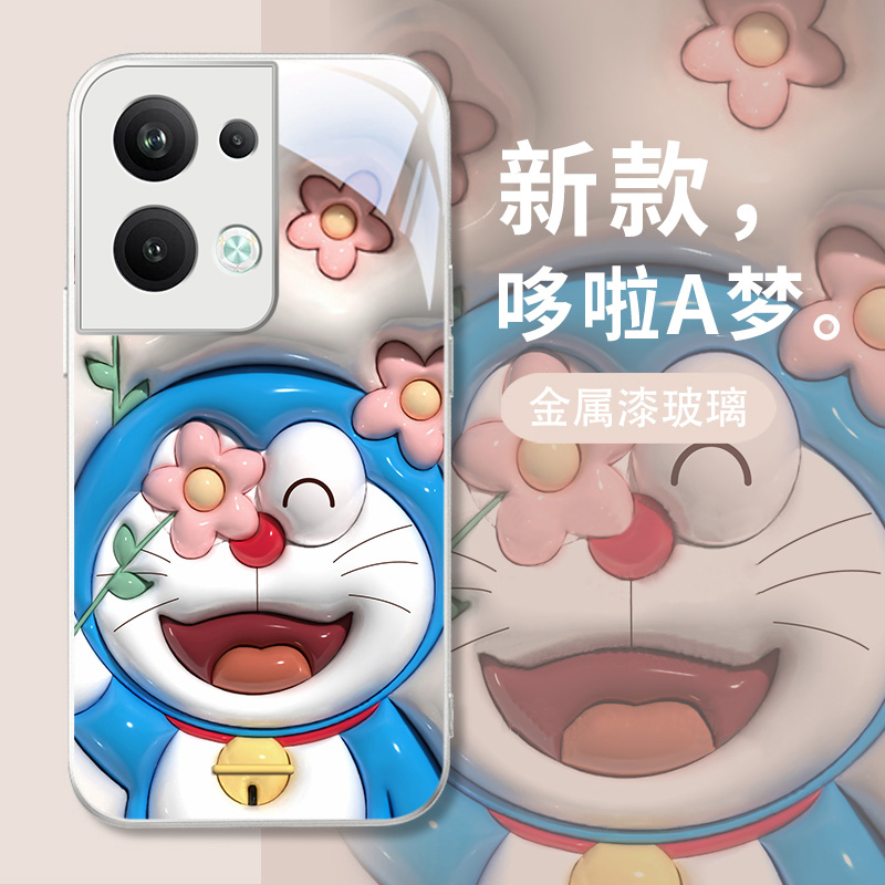 花朵叮当猫适用oppoReno9手机壳新款8pro镜头全包7se创意reno7卡通高级感6por钢化玻璃5k男女款防摔4se保护套