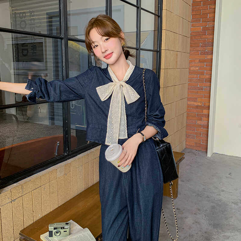 复古牛仔套装女春季新款小香风一整套穿搭韩系流行阔腿裤两件套,女装套装/套裙,2C108