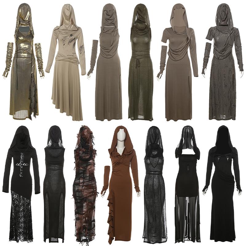 美式辣妹沙丘废土风连帽连衣裙女春秋小众女团风修身显瘦中长裙子