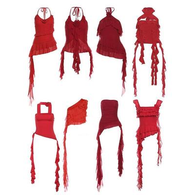 性感辣妹红色泰式小吊带背心女夏外穿设计感小众挂脖女团飘带上衣