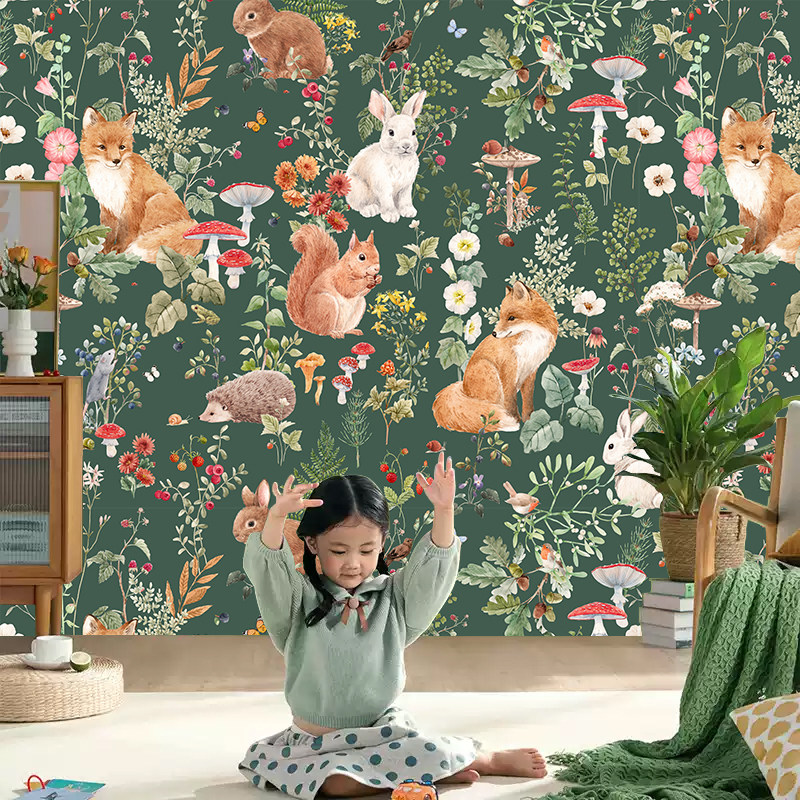 法式卡通森林动物壁纸儿童房背景墙布男孩卧室墙纸手绘植物壁画