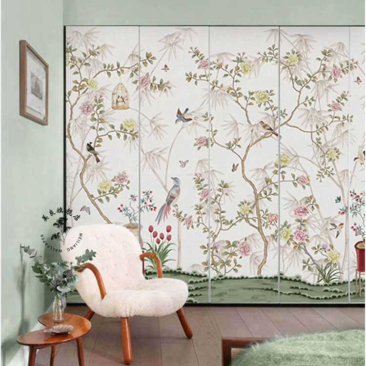中式法式花鸟壁纸客厅电视沙发背景墙定制墙布美式复古风卧室墙纸