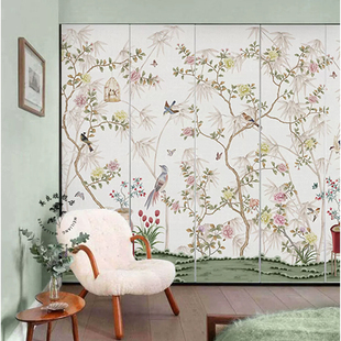 中式法式花鸟壁纸客厅电视沙发背景墙定制墙布美式复古风卧室墙纸
