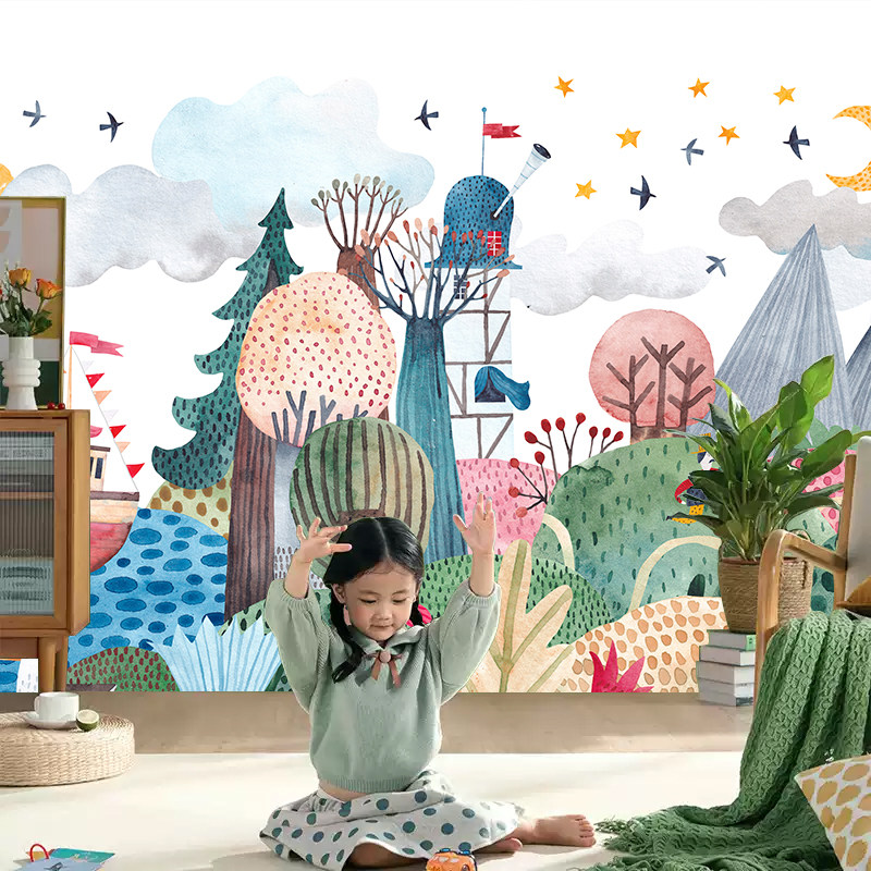 卡通水彩植物环保壁纸儿童早教童装店墙纸墙布男孩女孩卧室幼儿园