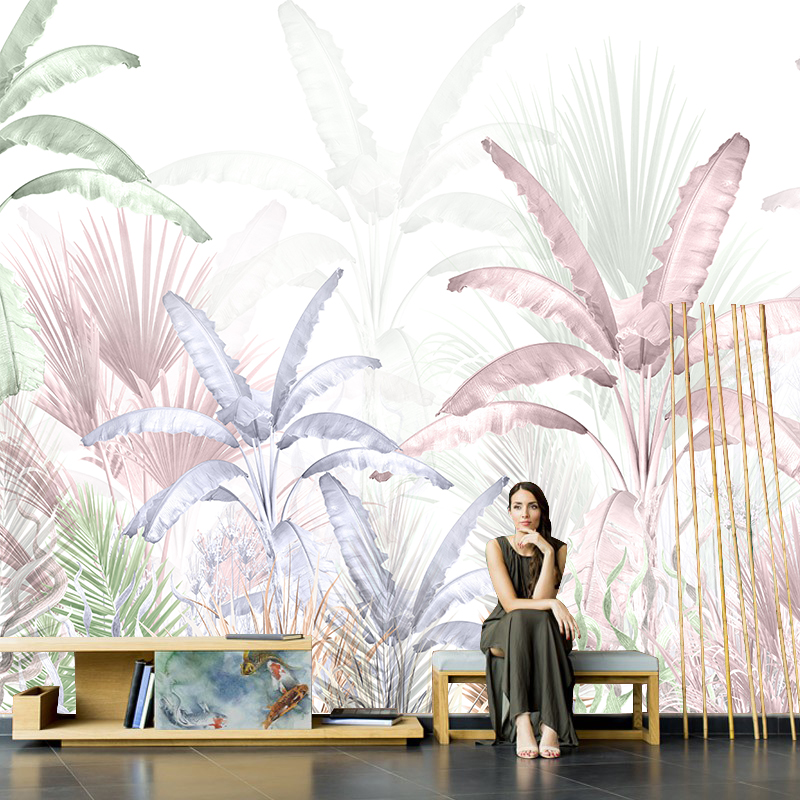 北欧粉红色背景墙壁纸热带植物芭蕉树墙布民宿酒店卧室装饰墙纸