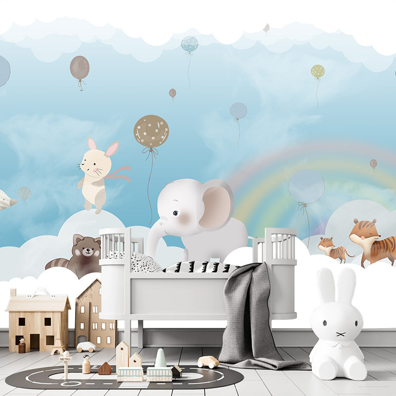 卡通动物背景墙纸女孩儿童房墙布男孩彩虹气球壁纸卧室可爱壁画